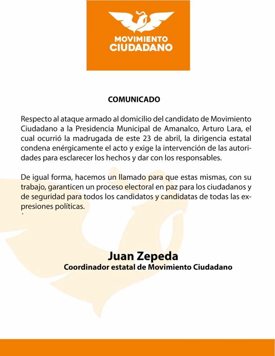 Movimiento Ciudadano demanda esclarecer ataque armado a precandidato de Amanalco de Becerra