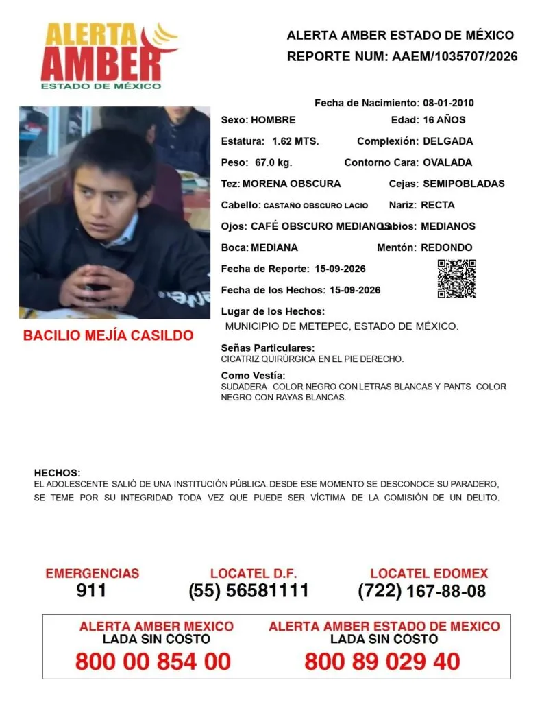 Alerta Amber: Se busca a Bacilio Mejía Casildo; desapareció en Metepec