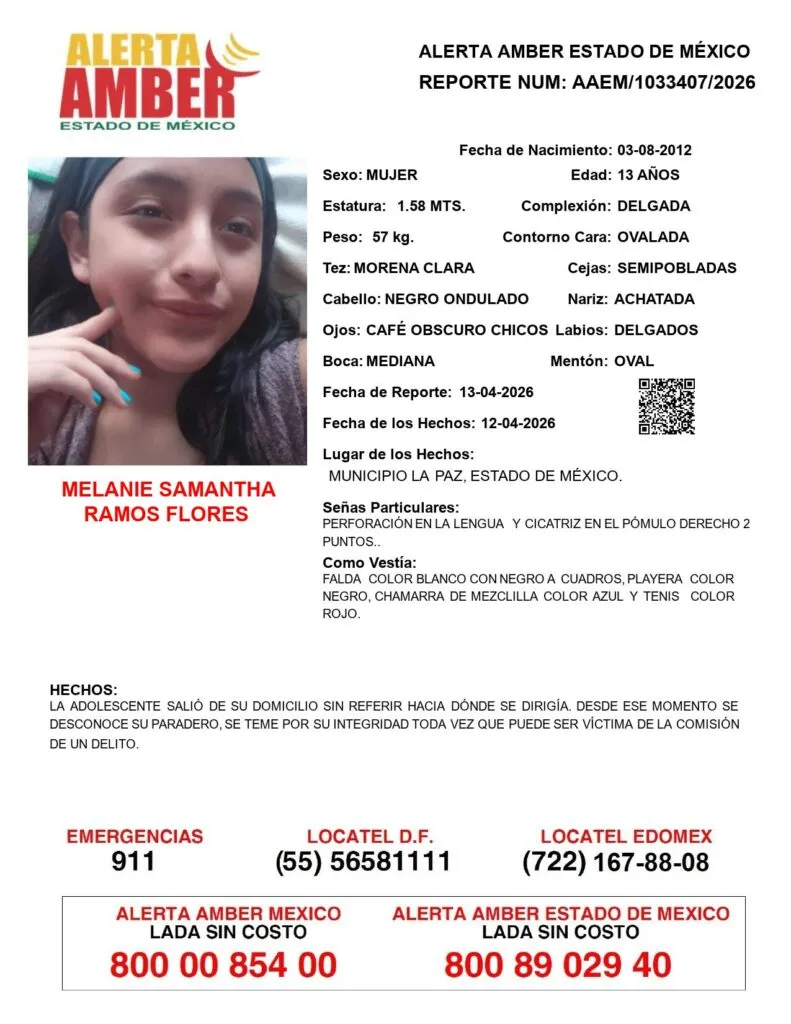 Alerta Amber: Se busca a Melanie Samantha Ramos Flores, desaparecida en La Paz