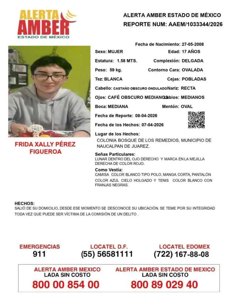 Alerta Amber: Se busca a Frida Xally Pérez Figueroa, desaparecida en Naucalpan