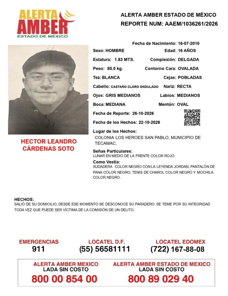 Alerta Amber: Se busca a Héctor Leandro Cárdenas Soto; desapareció en Tecámac
