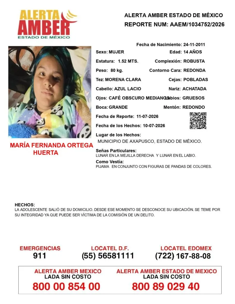 Alerta Amber: Se busca a María Fernanda Ortega Huerta, desapareció en Axapusco