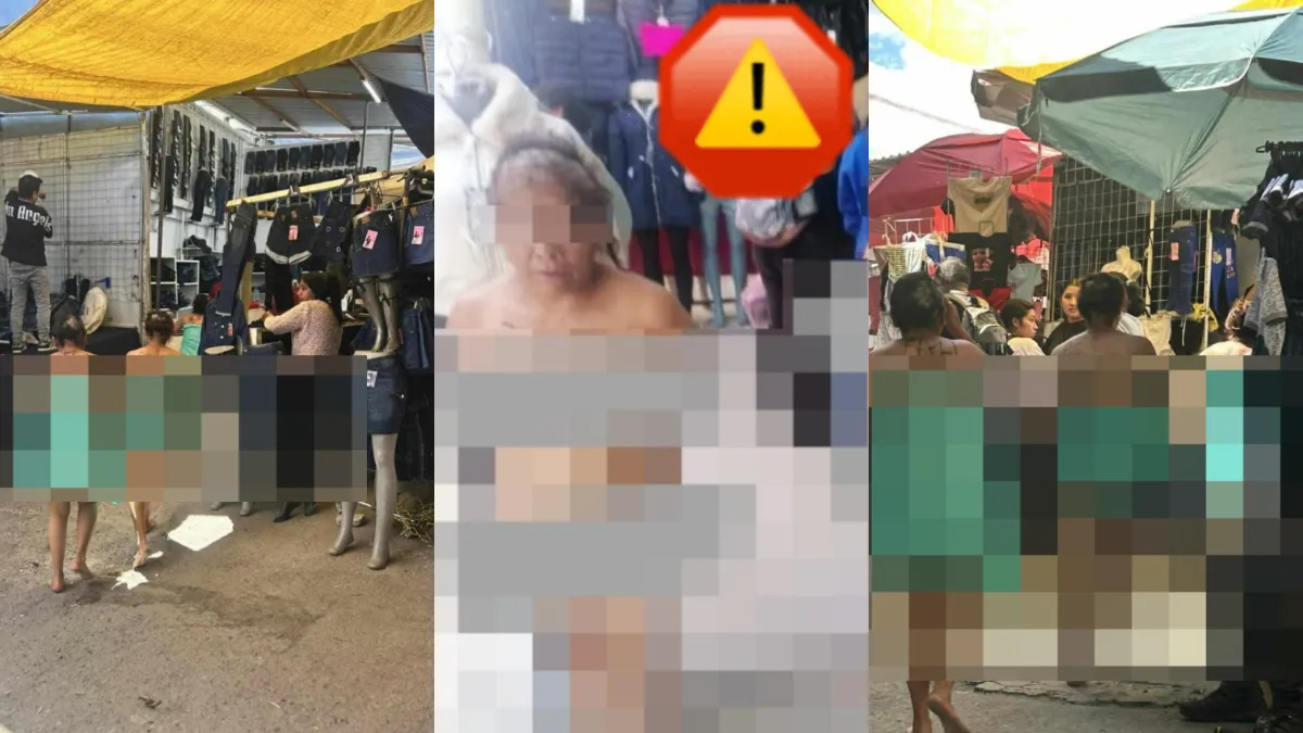 Rapan y desnudan a ladronas en tianguis de Texmelucan, Puebla. Comerciantes hartos de los robos las exhibieron y las autoridades ya investigan.
