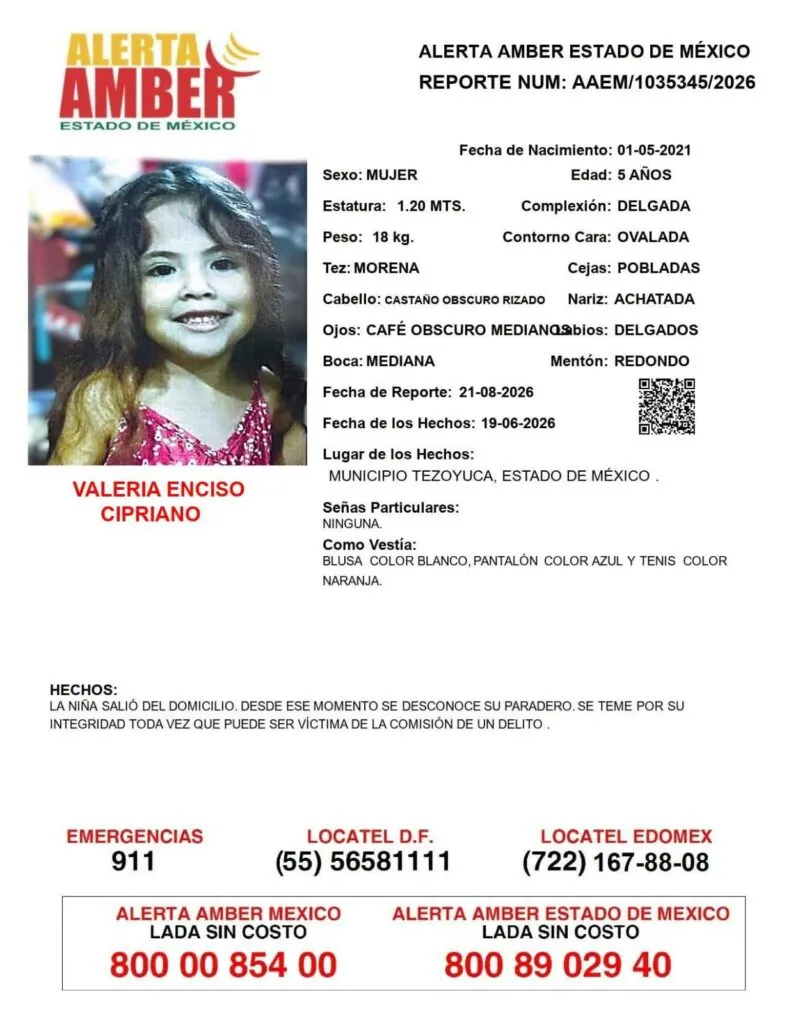 Alerta Amber: Se busca a Valeria Enciso Cipriano, desapareció en Tezoyuca