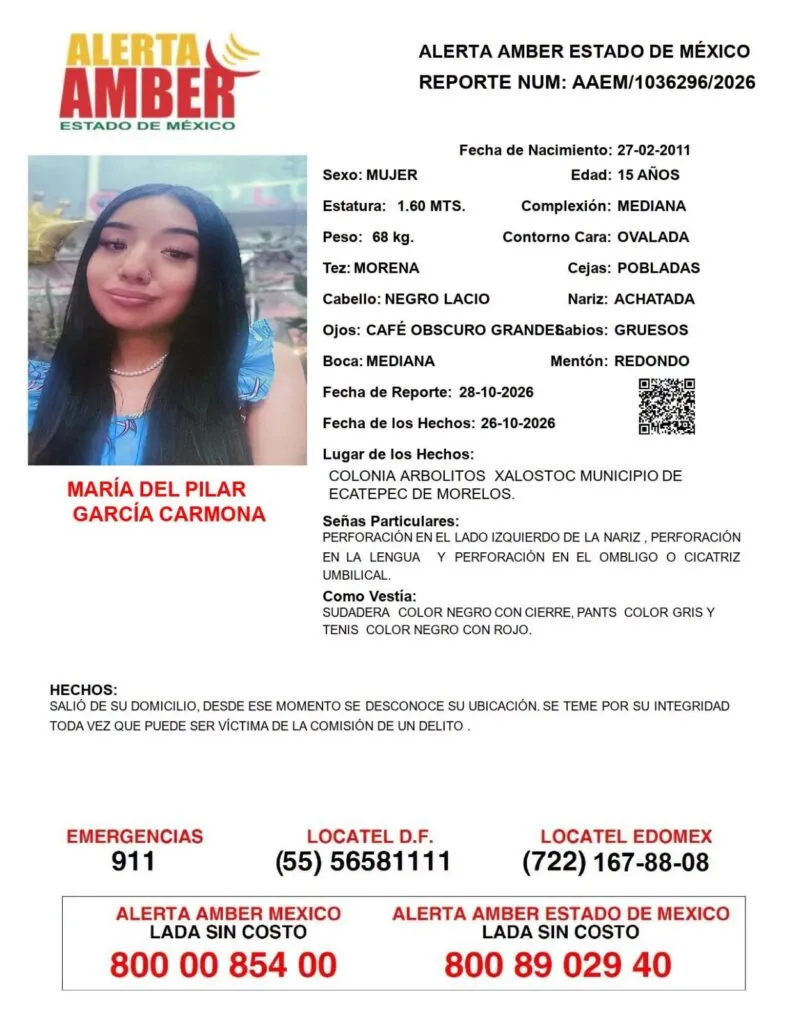 Alerta Amber: Se busca a María del Pilar García Carmona, desaparecida en Ecatepec
