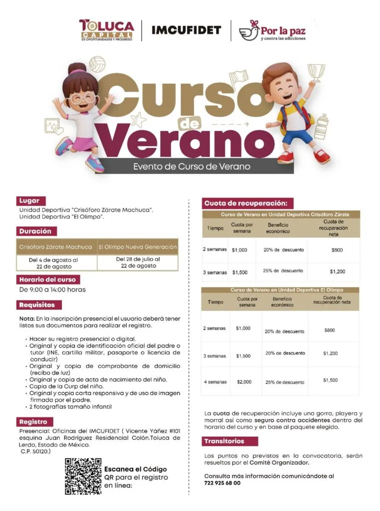 Abren inscripciones para el Curso de Verano del IMCUFIDET en Toluca