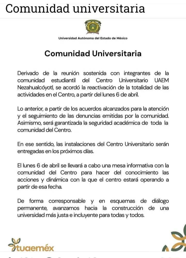 Centro Universitario UAEMéx Nezahualcóyotl retomará actividades el 6 de abril