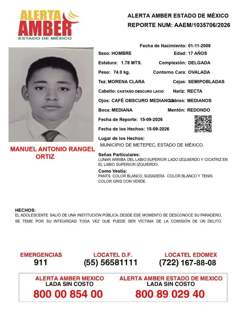 Alerta Amber: Se busca a Manuel Antonio Rangel Ortiz, desapareció en Metepec