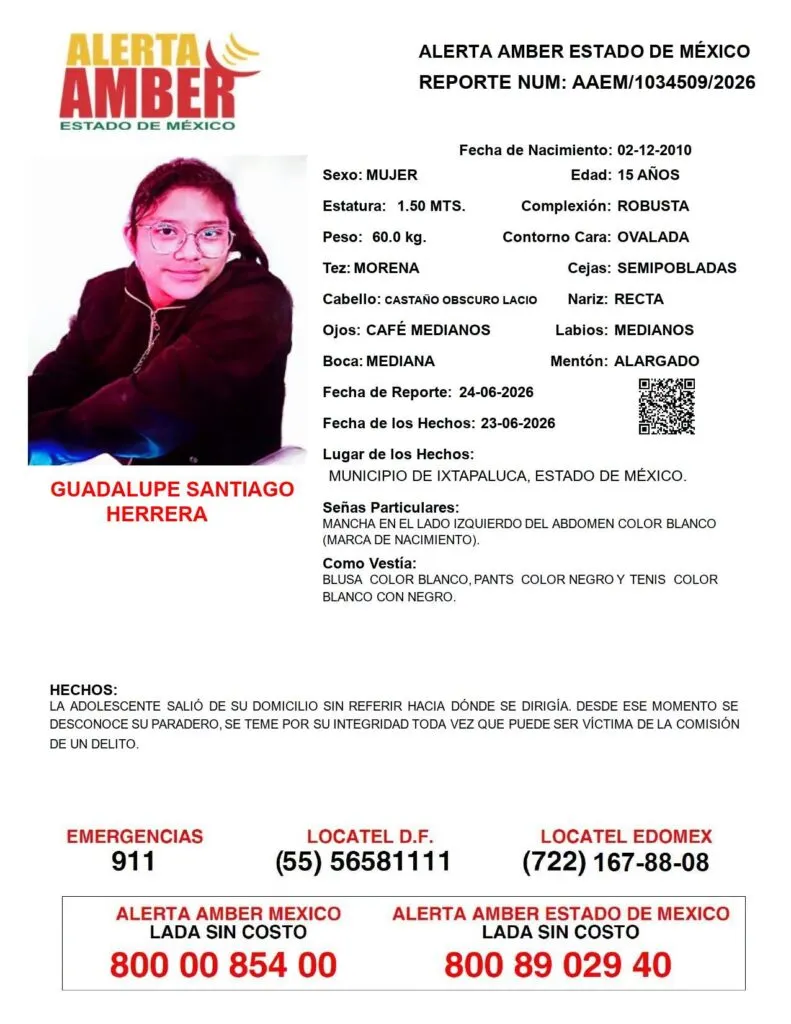 Alerta Amber: Se busca a Guadalupe Santiago Herrera; desapareció en Ixtapaluca