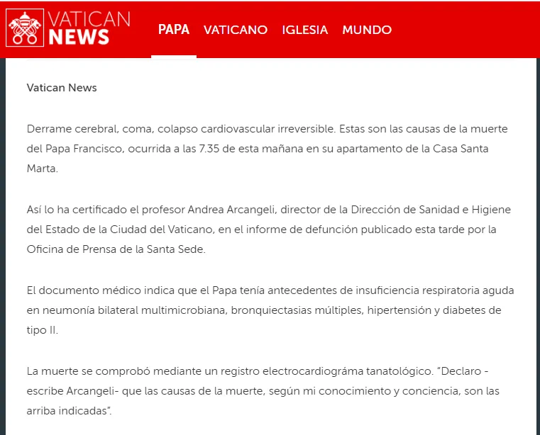 Confirma El Vaticano causa de muerte del papa Francisco