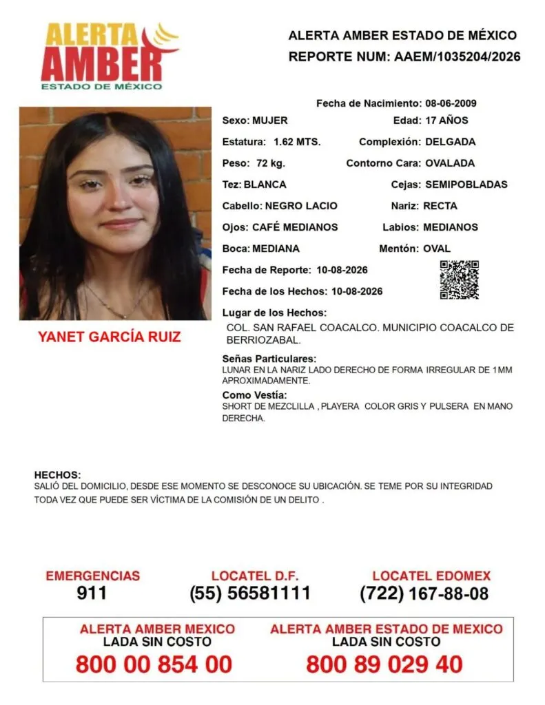 Alerta Amber: Se busca a Yanet García Ruiz, desaparecida en Coacalco