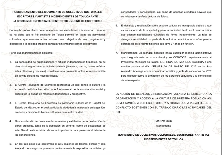 Conflicto por el Centro Toluqueño de Escritores: artistas desmienten acuerdo