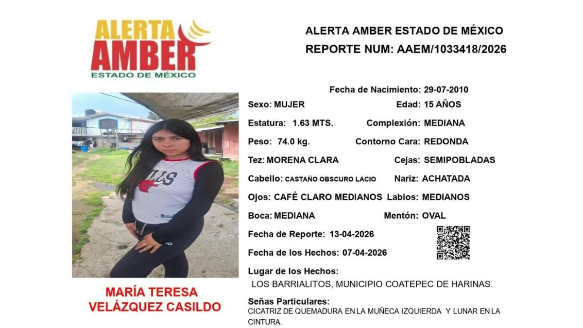 Alerta Amber: Se busca a María Teresa Velázquez Casildo, desaparecida en Coatepec de Harinas