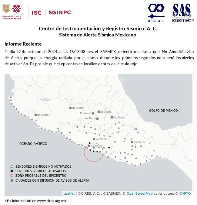 SASMEX detecta sismo en la Costa de Guerrero; no ameritó activación de alerta sísmica