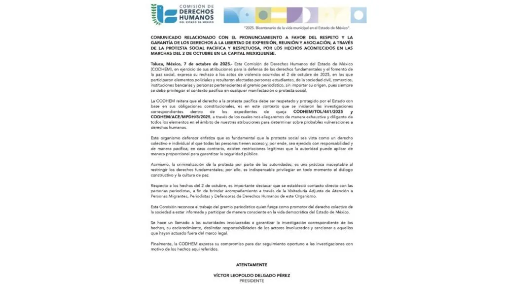 CODHEM inicia investigación tras hechos ocurridos el 2 de octubre en Toluca