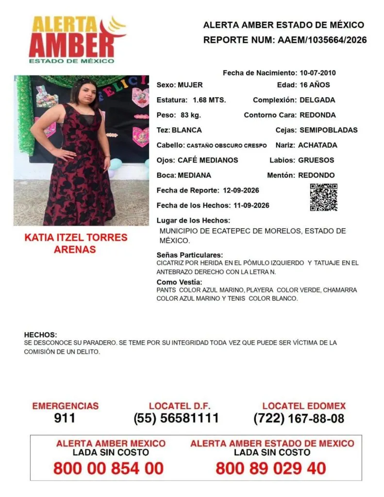 Alerta Amber: Se busca a Katia Itzel Torres Arenas, desaparecida en Ecatepec