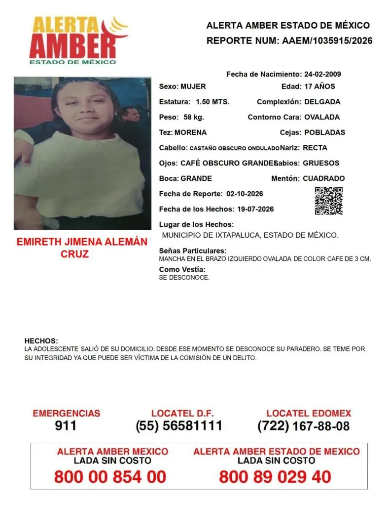 Alerta Amber: Se busca a Emireth Jimena Alemán Cruz, desapareció en Ixtapaluca