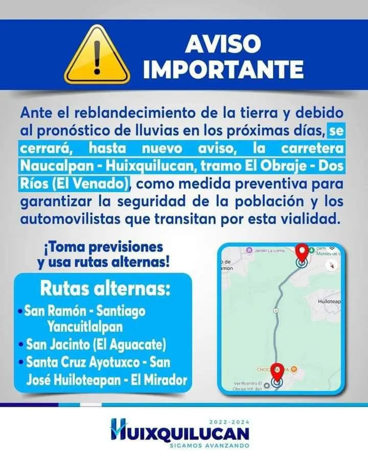 Cierran carretera Naucalpan-Huixquilucan por riesgo de deslaves