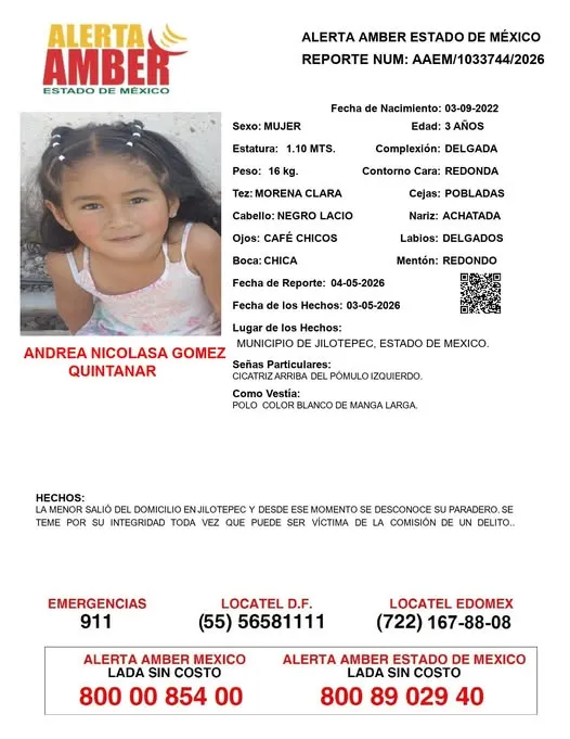 Alerta Amber: Se busca a Andrea Nicolasa Gómez Quintanar; desapareció en Jilotepec