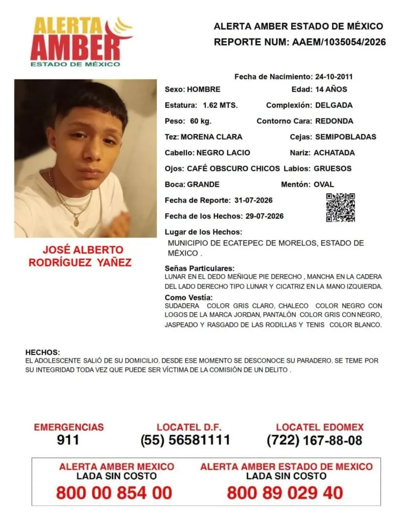 Alerta Amber: Se busca a José Alberto Rodríguez Yañez, desapareció en Ecatepec