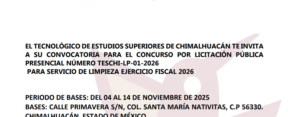 Tecnológico de estudios superiores de Chimalhuacán  invita a su convocatoria para el concurso por licitación pública
