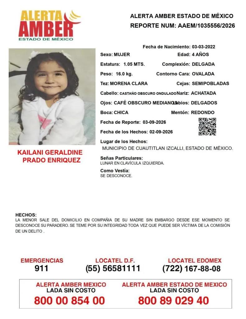 Alerta Amber: Se busca a Kailani Geraldine Prado Enríquez, desaparecida en Cuautitlán Izcalli