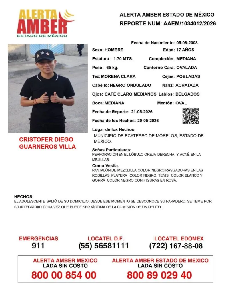 Alerta Amber: Se busca a Cristofer Diego Guarneros Villa, desaparecido en Ecatepec