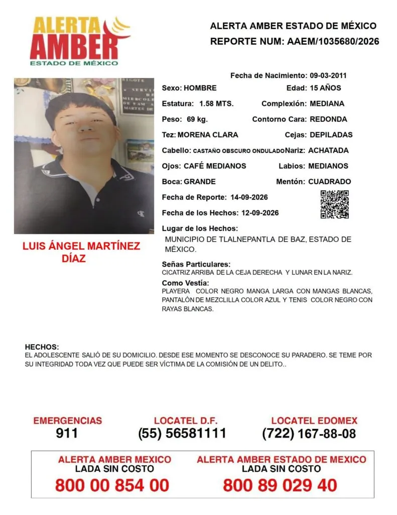 Alerta Amber: Se busca a Luis Ángel Martínez Díaz, desaparecido en Tlalnepantla