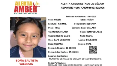 Ficha oficial de Alerta Amber para la búsqueda de la niña Sofía Bautista Valencia, de 5 años, desaparecida en Valle de Chalco.
