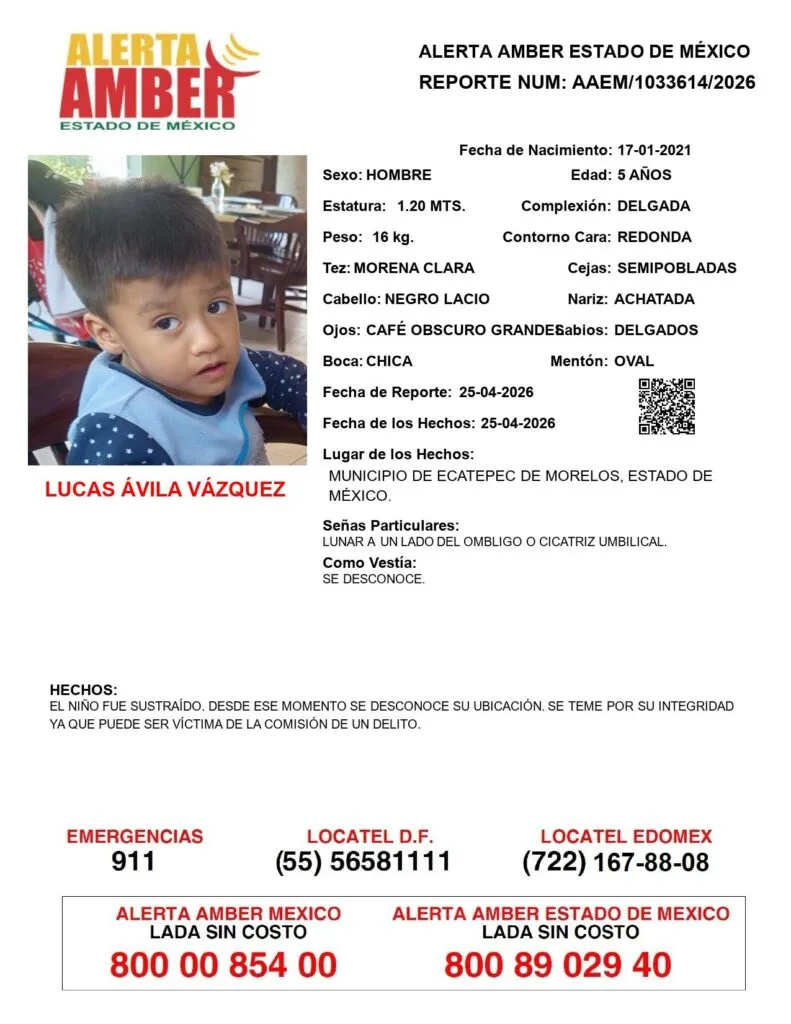 Alerta Amber: Se busca a Lucas Ávila Vázquez; desapareció en Ecatepec