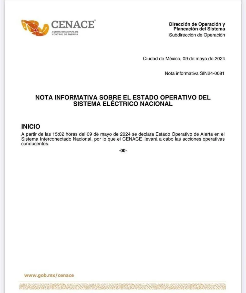 ¡Otra vez! México, en Estado Operativo de Alerta en el Sistema Eléctrico Nacional