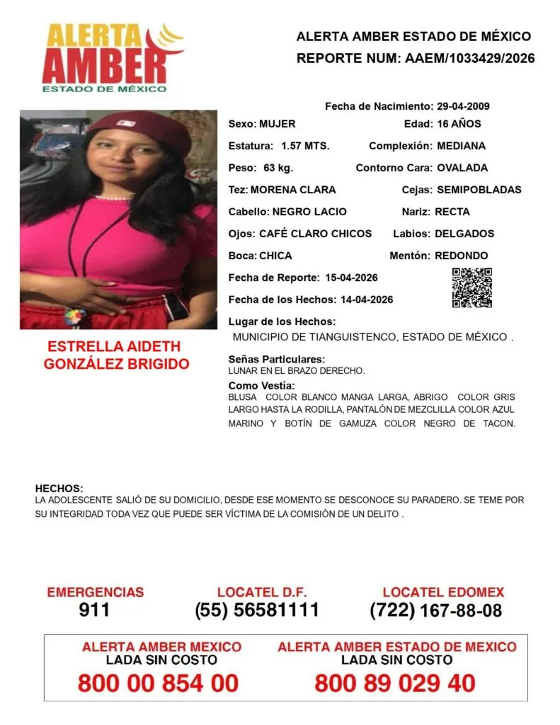 Alerta Amber: Se busca a Estrella Aideth González Brígido, desaparecida en Santiago Tianguistenco
