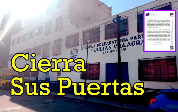 Fachada de la Escuela Preparatoria Particular Julián Villagrán en Pachuca, con un letrero sobre el cierre de la institución.