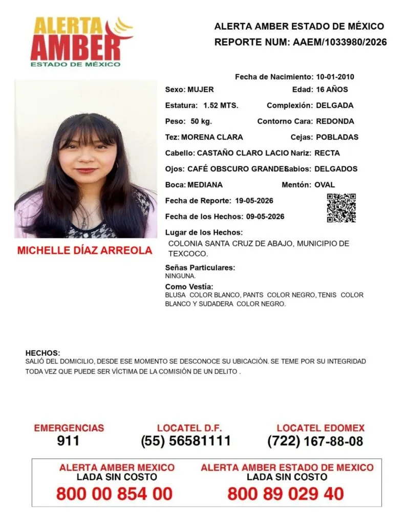 Alerta Amber: Se busca a Michelle Díaz Arreola,  desaparecida en Texcoco