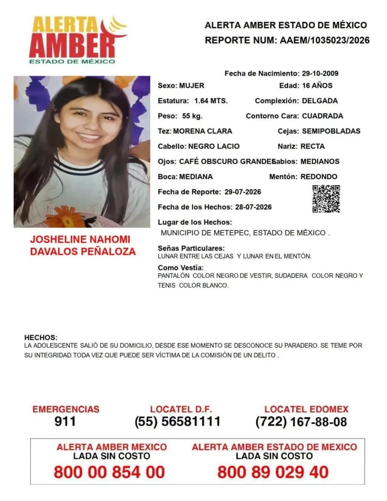 Alerta Amber: Se busca a Josheline Nahomi Davalos Peñaloza, desaparecida en Metepec