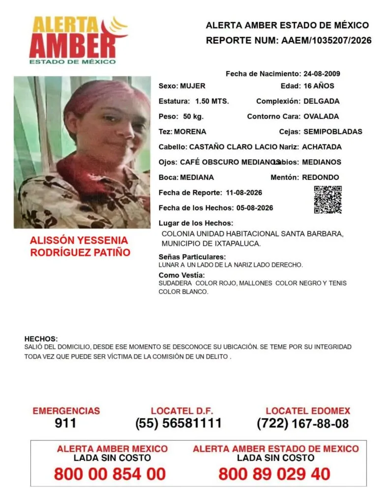Alerta Amber: Se busca a Alissón Yessenia Rodríguez Patiño, desapareció en Ixtapaluca