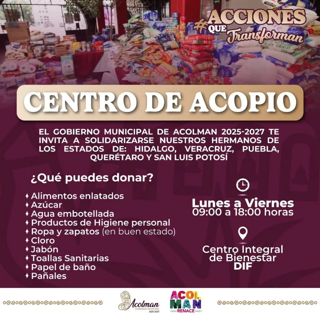 Acolman instala centro de acopio en apoyo a damnificados por lluvias