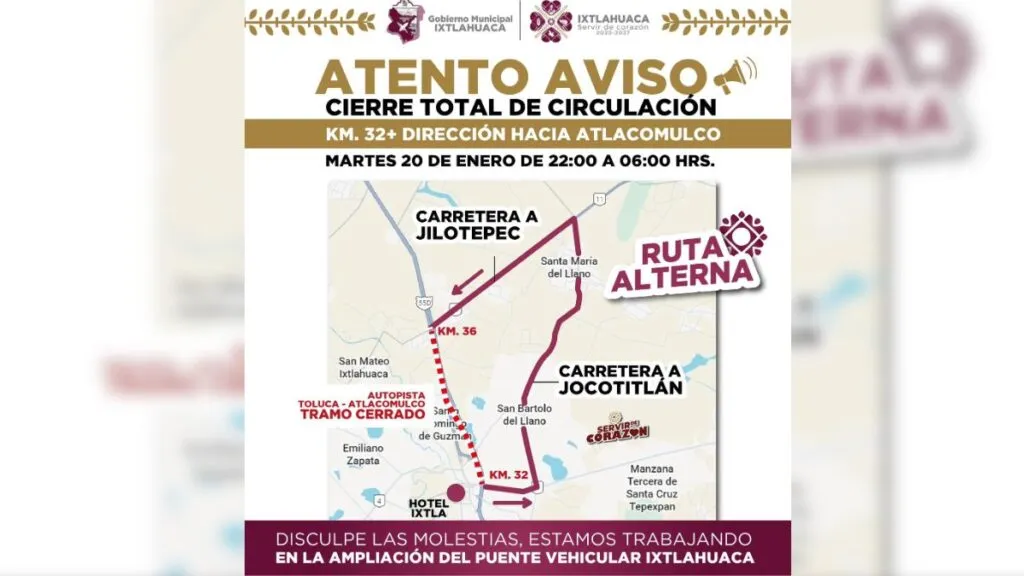 Carretera Toluca-Atlacomulco cerrada por obras este 20 y 21 de enero