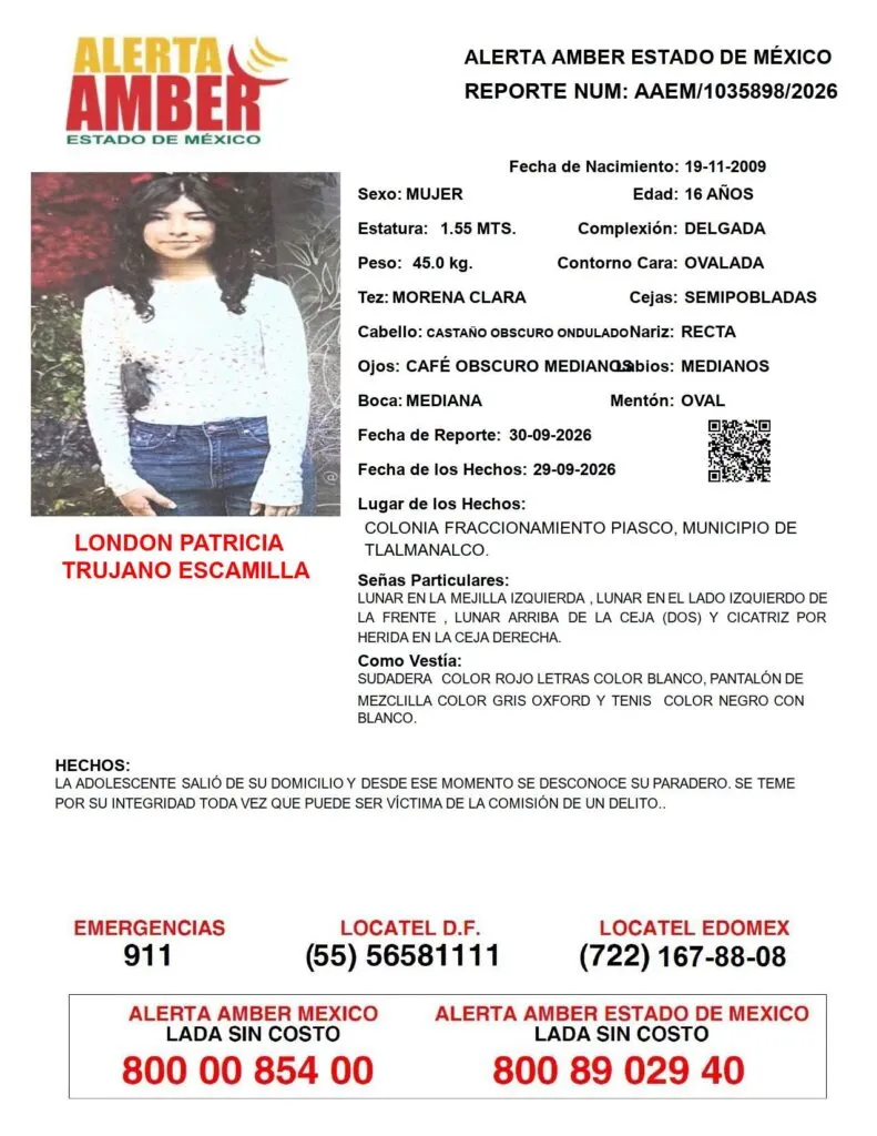 Alerta Amber: Se busca a London Patricia Trujano Escamilla, desaparecida en Tlalmanalco