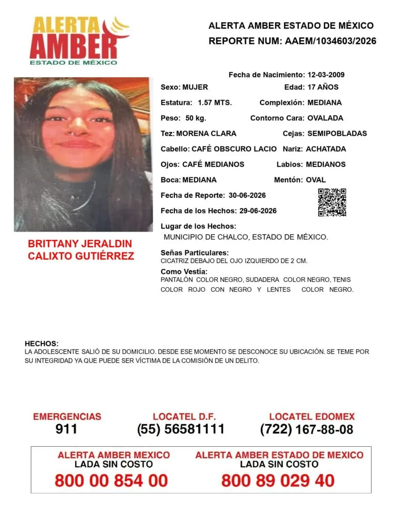 Alerta Amber: Se busca a Brittany Jeraldin Calixto Gutiérrez; desapareció en Chalco