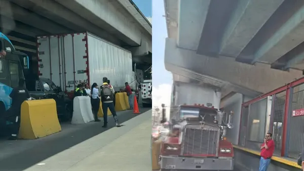 Tráiler se atora en carril del Mexibús en Coacalco