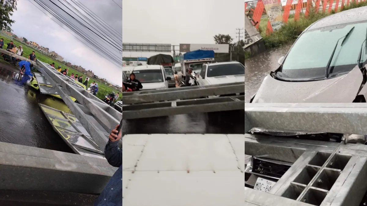 VIDEO muestra momento en que señalamiento cae sobre autos en la México-Cuautla tras tromba; no hubo heridos, pero sí caos vial.