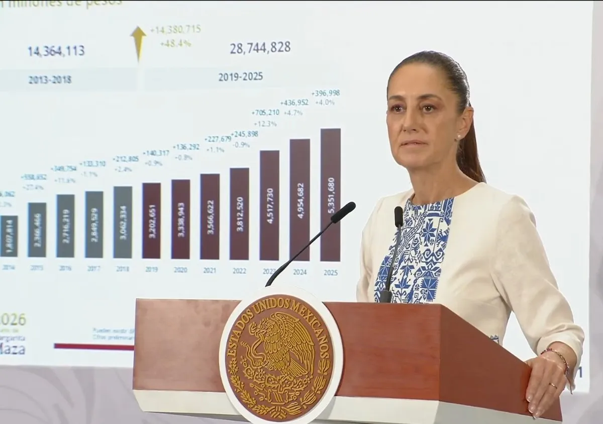 La presidenta Claudia Sheinbaum, durante su conferencia de este lunes 4 de mayo, desde Palacio Nacional.