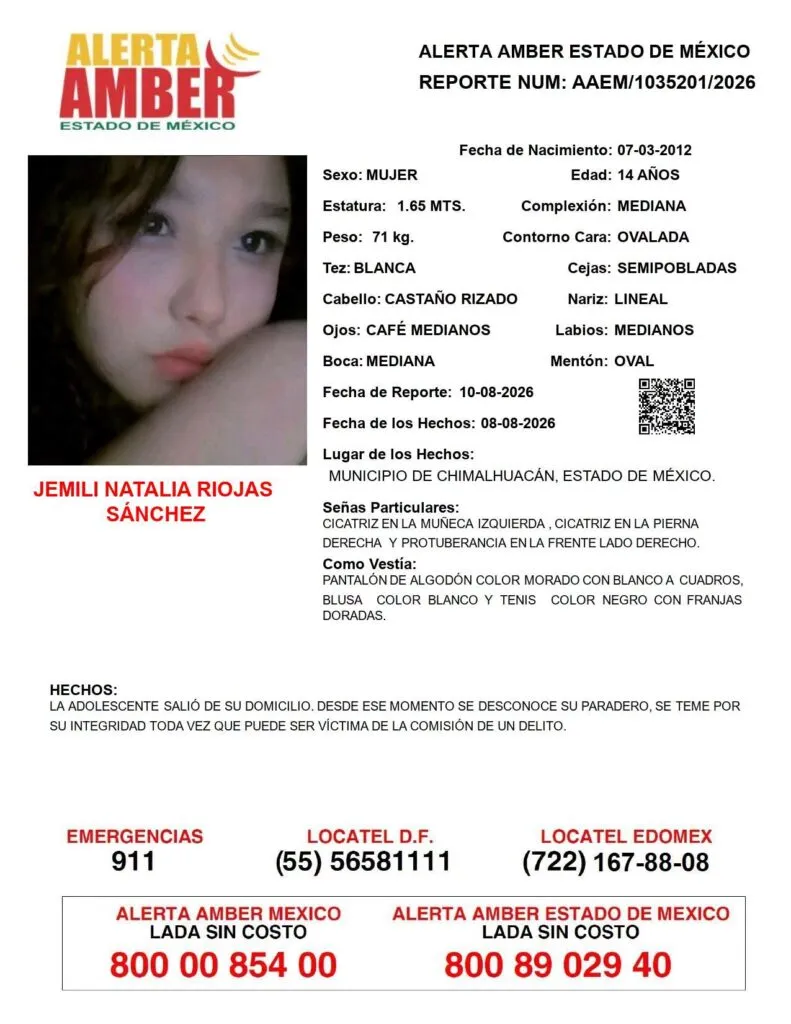 Alerta Amber: Se busca a Jemili Natalia Riojas Sánchez, desaparecida en Chimalhuacán