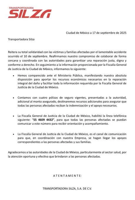 Transportadora Silza reitera apoyo a víctimas de accidente en Iztapalapa