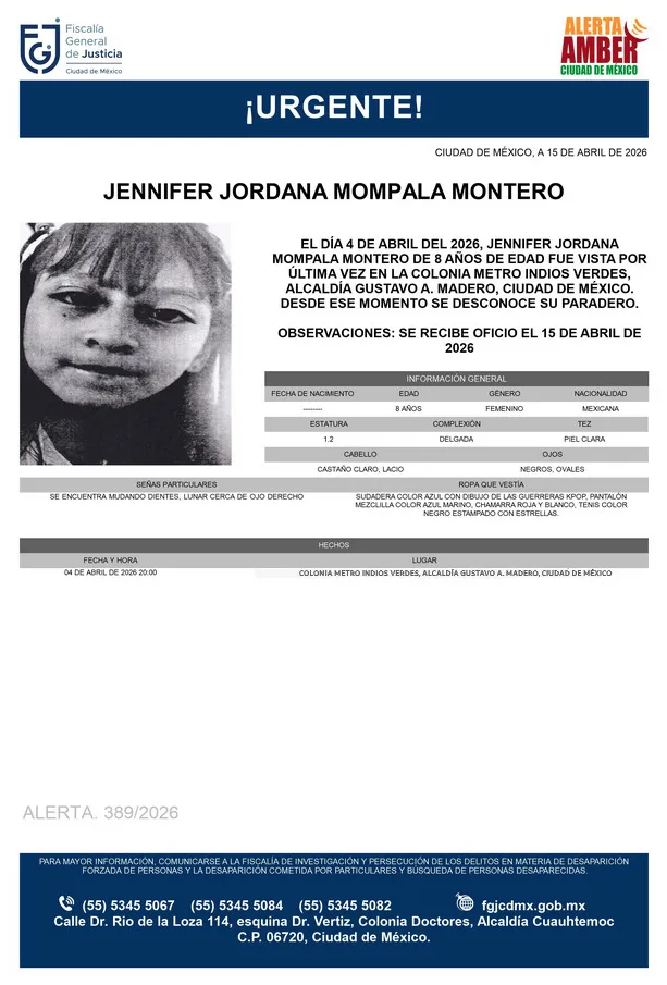 Alerta Amber: Se busca Jennifer Jordana Mompala Montero, niña de 8 años desaparecido en la GAM en CDMX
