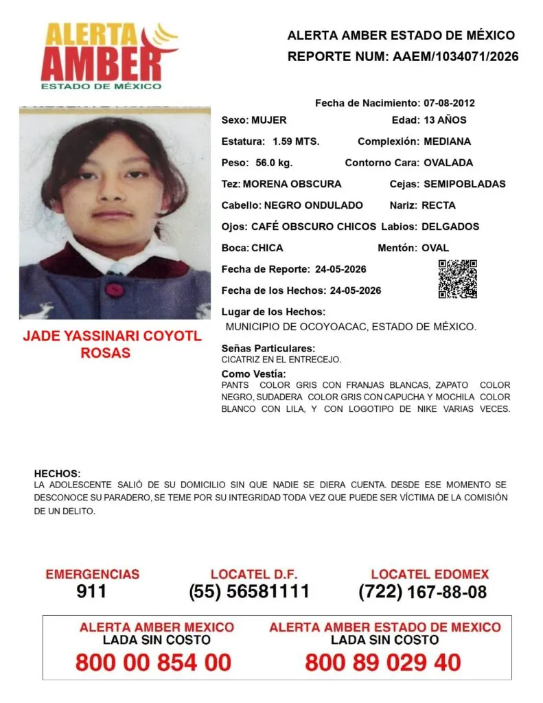 Alerta Amber: Se busca a Jade Yassinari Coyotl Rosas; desaparecida en Ocoyoacac