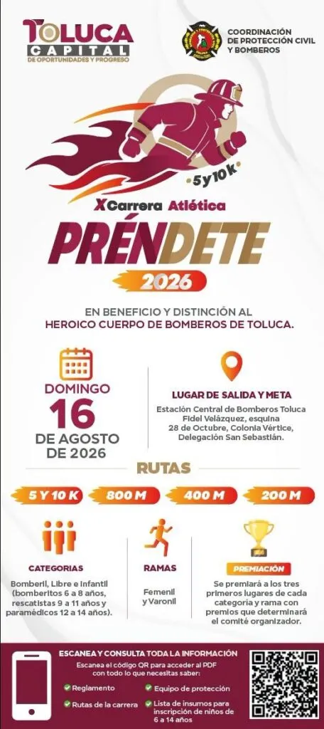Bomberos de Toluca invitan a participar en la Carrera Préndete 2026