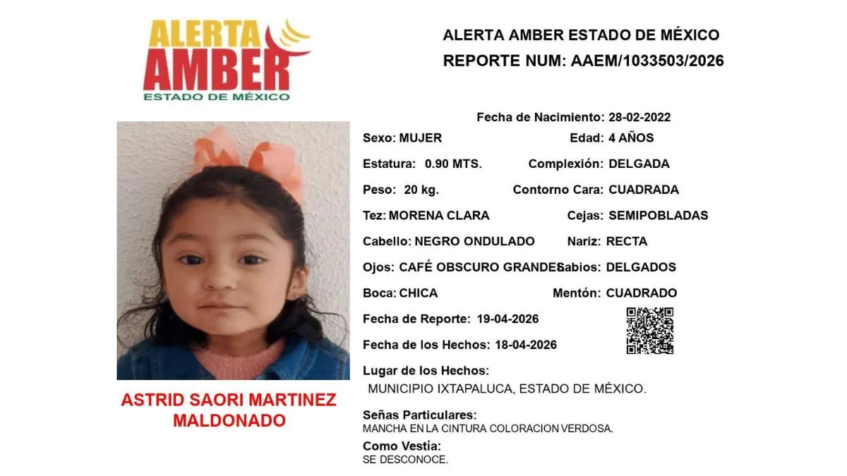 Alerta Amber: Se busca a Astrid Saori Martínez Maldonado; desapareció en Ixtapaluca