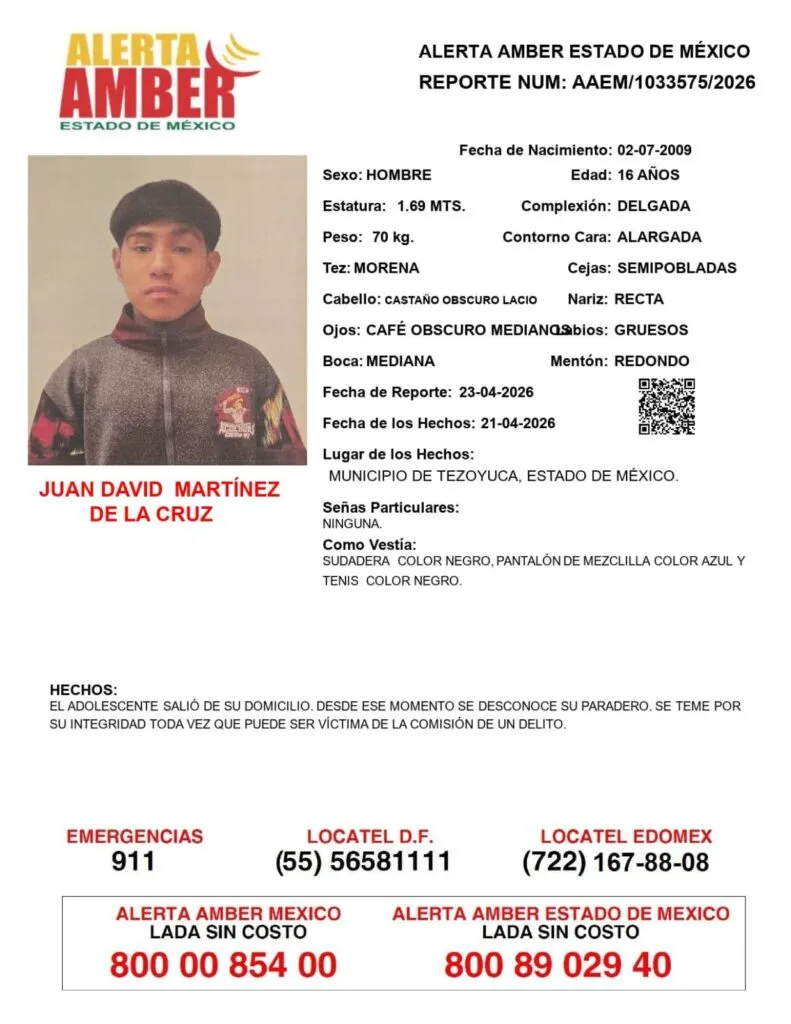Alerta Amber: Se busca a Juan David Martínez de la Cruz; desapareció en Tezoyuca